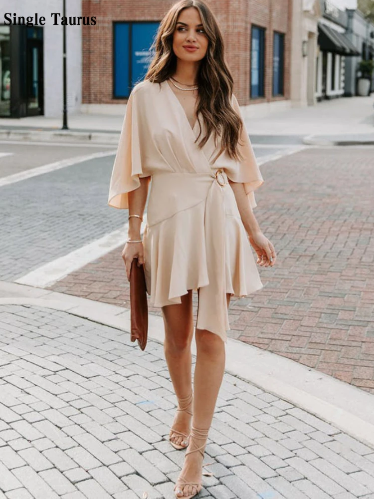 

Summer Ins Wrap Tie Dress Fashion Street Wear Casual Seaside Beach Vacations V Neck Sexy Ruffle Clothes Dresses Women Vestido