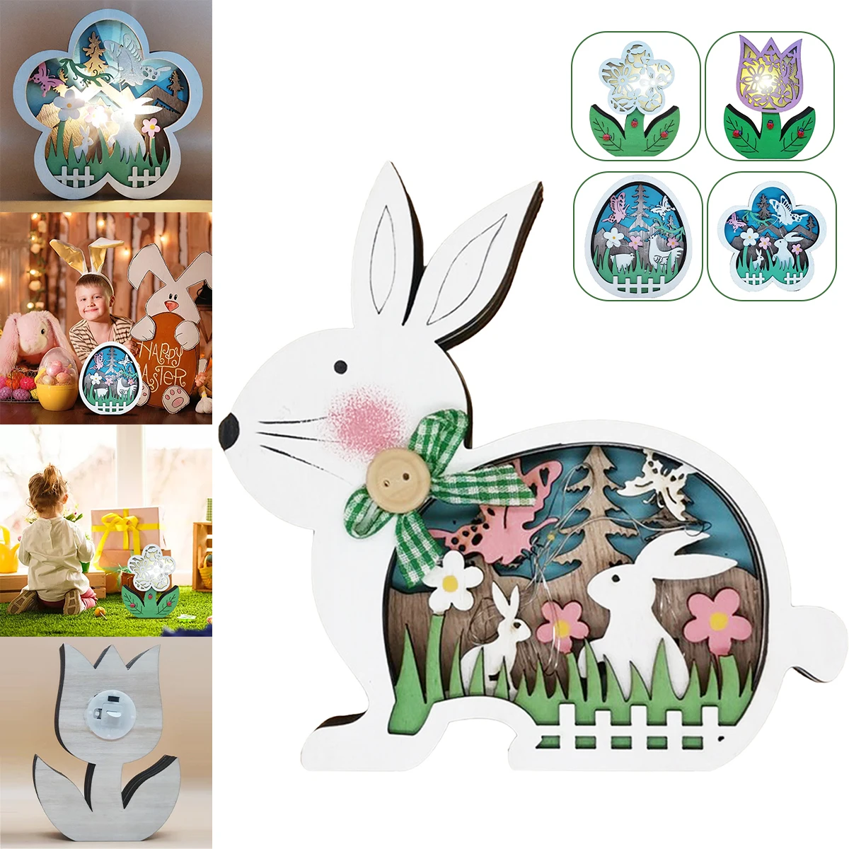 

Wooden Easter Bunny Ornaments with LED Light Happy Easter Decorations Easter Egg Flower Craft Desktop Ornament