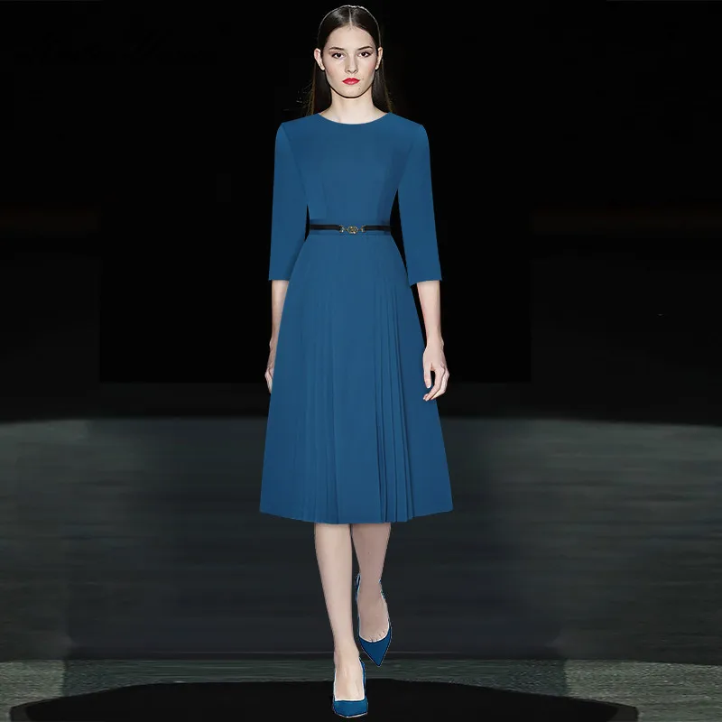 

Женское плиссированное платье миди, повседневное дизайнерское офисное платье с высокой талией, рукавом 3/4 и поясом, синее, осень