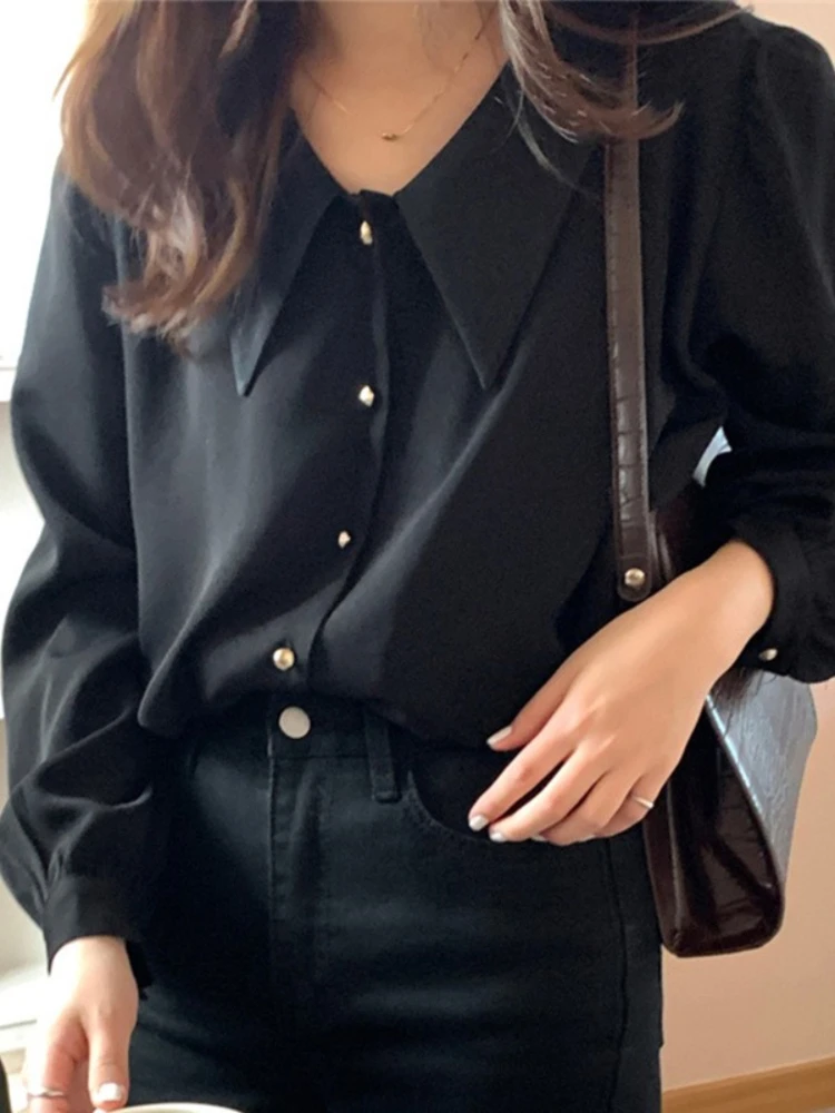 

Женская однобортная блузка SVOKOR, свободная универсальная Однотонная рубашка с длинным рукавом, повседневный комбинированный пуловер