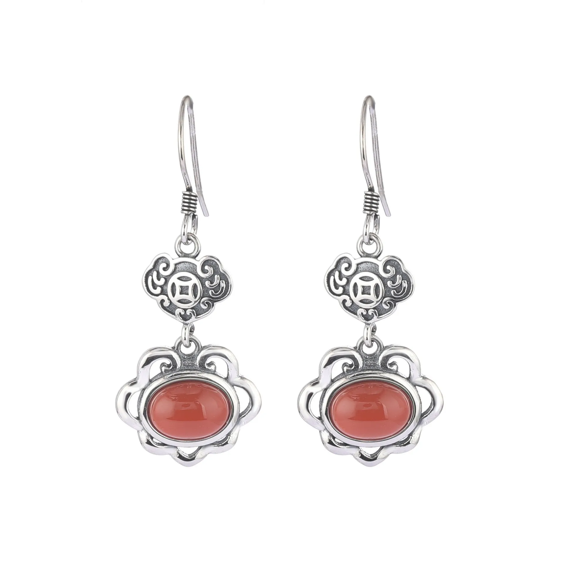 

ES424 ZFSILVER 925 Thai Silver Korean Fashion Simple Hetian Jade South Red Agate Cloud Roud Earring Jewelry Women Match-all Girl