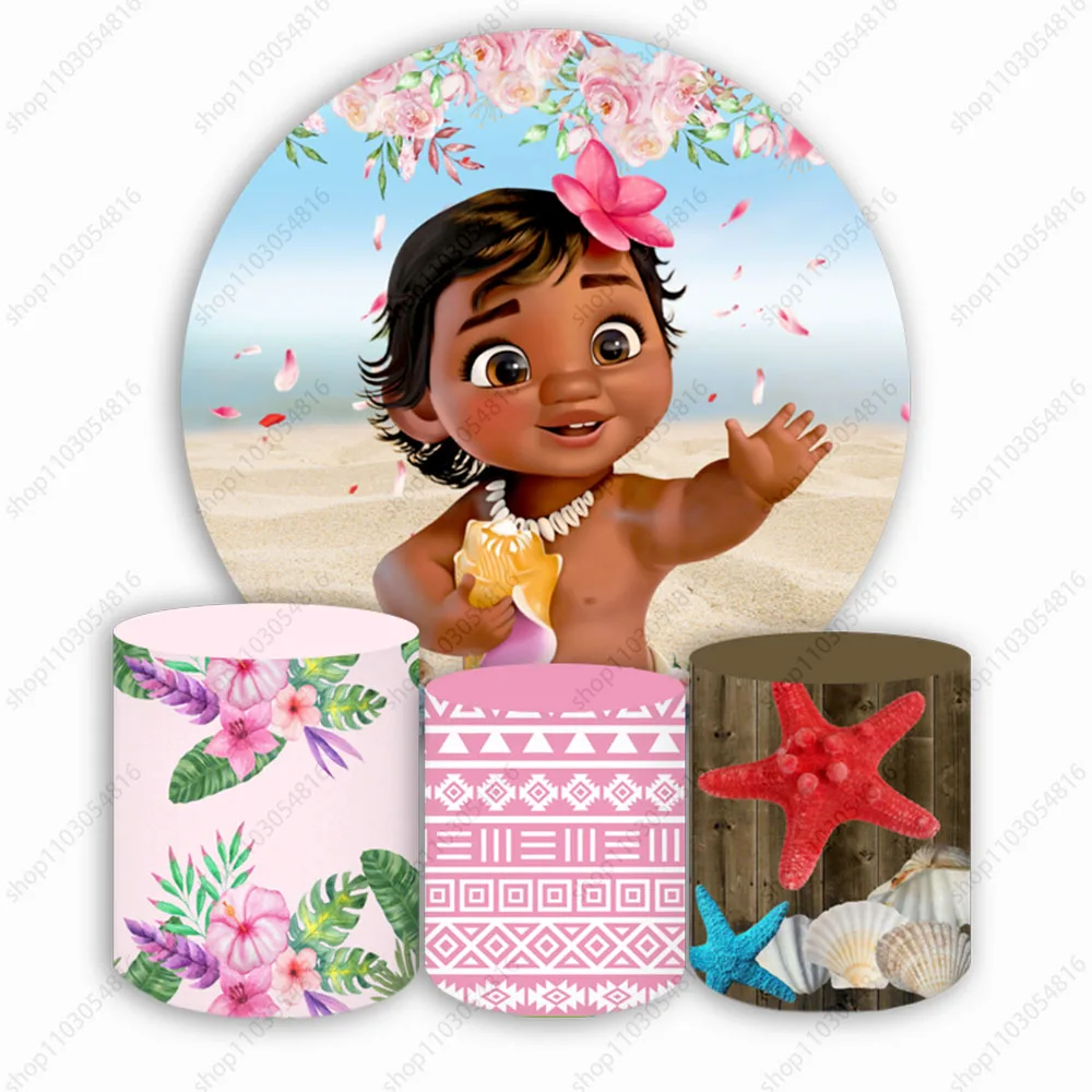 Disney Moana Round Photography Backdrop For Kids Cute Princess Birthday Party Circle Photo Background Booth Plinth Covers