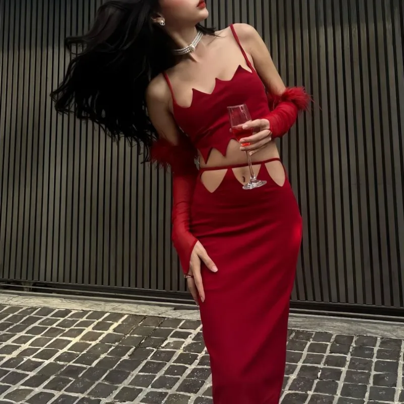 

Vintage Y2K Women Feather Skirt Suit Spaghetti Straps Irregular Cami + High Waist Hollowed Long Skirt +Oversleeves Dress Set