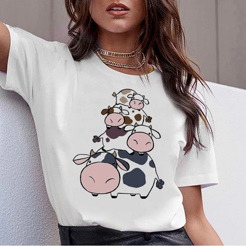 

Cute Cattle Print Women Female Harajuku Clothes Tee Ulzzang T-shirt 90s Kawaii Female Tshirt Printed Cartoon Top 24708