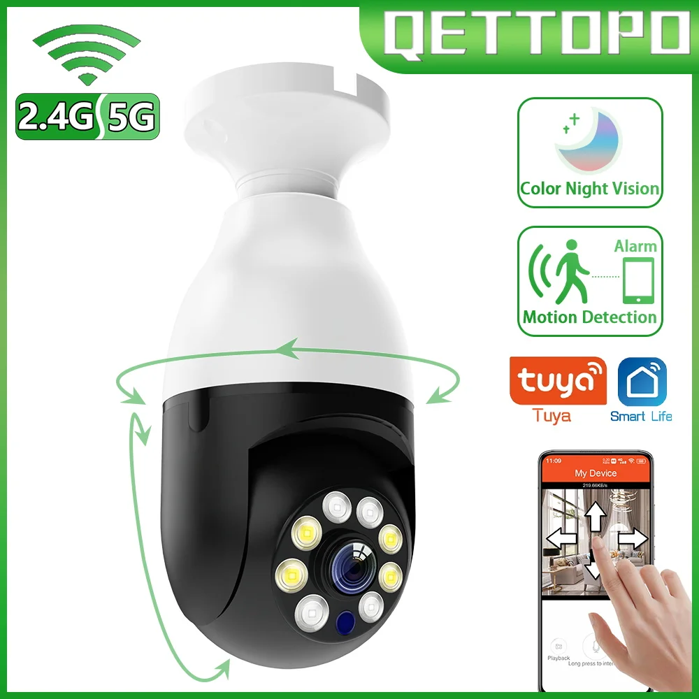 

Qettopo 3MP 5G WiFi Light Bulb Surveillance Camera 360 Rotate Color Night Vision Wireless Security PTZ Camera E27 Interface Tuya