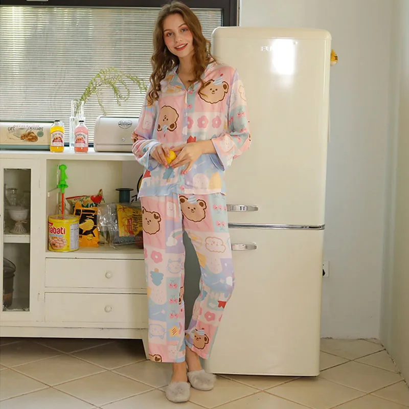 

Пижама женская из хлопка и вискозы, с длинным рукавом и мультяшным принтом