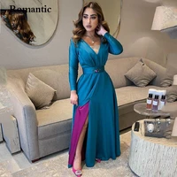 romantic blue satin simple evening dress v neck full sleeves saudi arabia long prom gowns floor length vestido de festa dubai