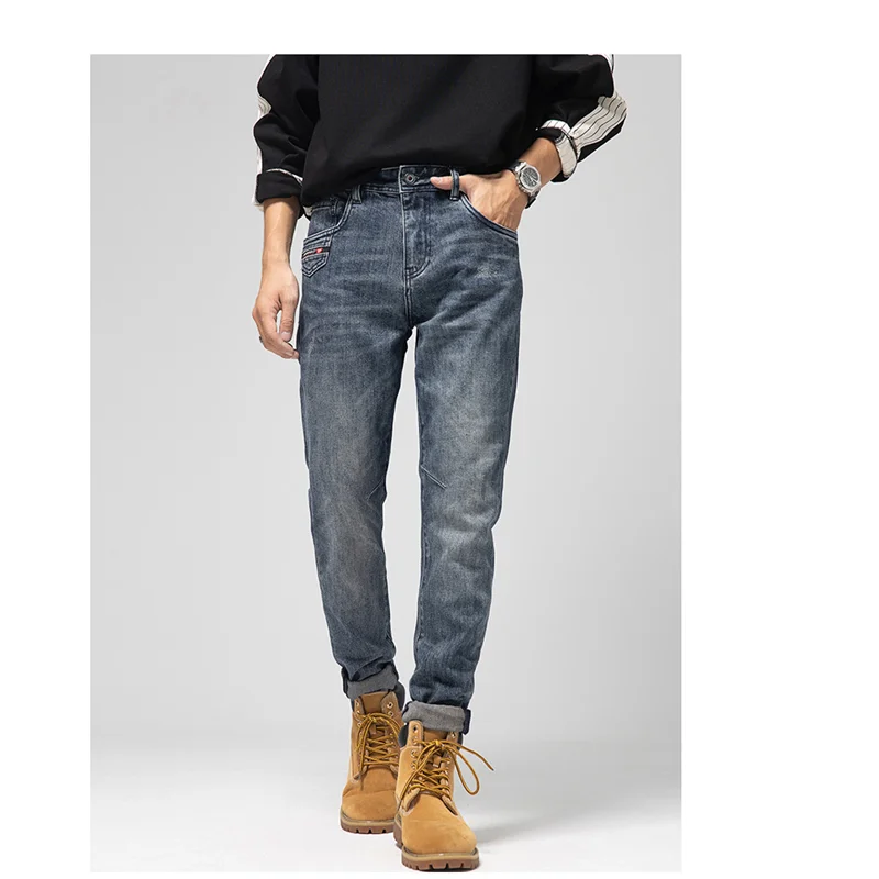 

Men Clothing New Pattern Recreational Vintage Blue Jeans Straight Cylinder Self-cultivation Elastic Force Trousers Autumn Female
