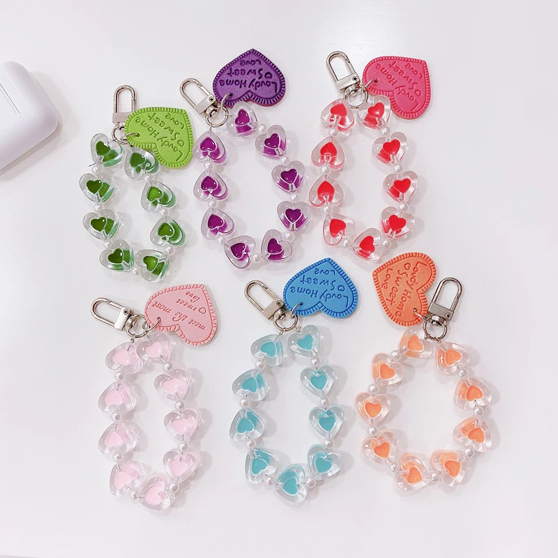 

Cute Crystal Love Heart Keychain Hanging Ring for Mobile Phone Lanyard Strap Anti-Lost Bracelet Keychain Phone Chain