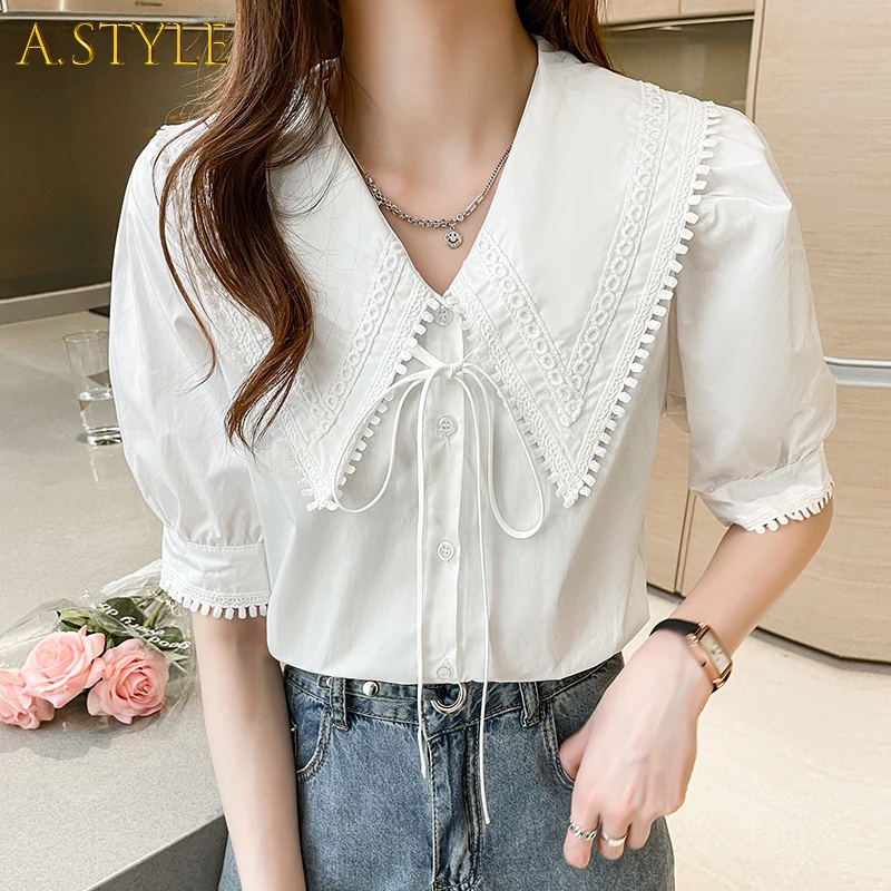 

Comelsexy 2021 Spring/Summer New Peter Pan Collar Blouse Women's Simple Lace Solid Color Short Sleeve Shirt Ladies Sweet Tops