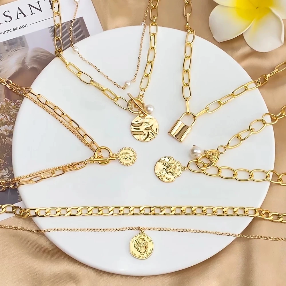 

Fashion Bohemia Gold Color Round Coin Shaped Necklace For Women Trendy Lock Multi-Layer Pendant Necklaces Set Jewelry Gifts