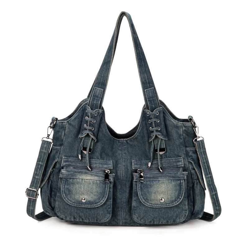 

XZAN Fashion Women Bag Vintage Casual Denim Handbag Lady Large Capacity Jeans Tote Weave tape Creative Shoulder Messenger Bag