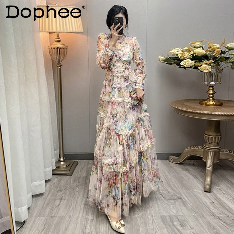 

Sweet Floral Ruffled Chiffon Fairy Dress O-Neck Long Sleeve Swing Holiday Party Wedding Maxi Dress 2022 New Spring Women Vestido