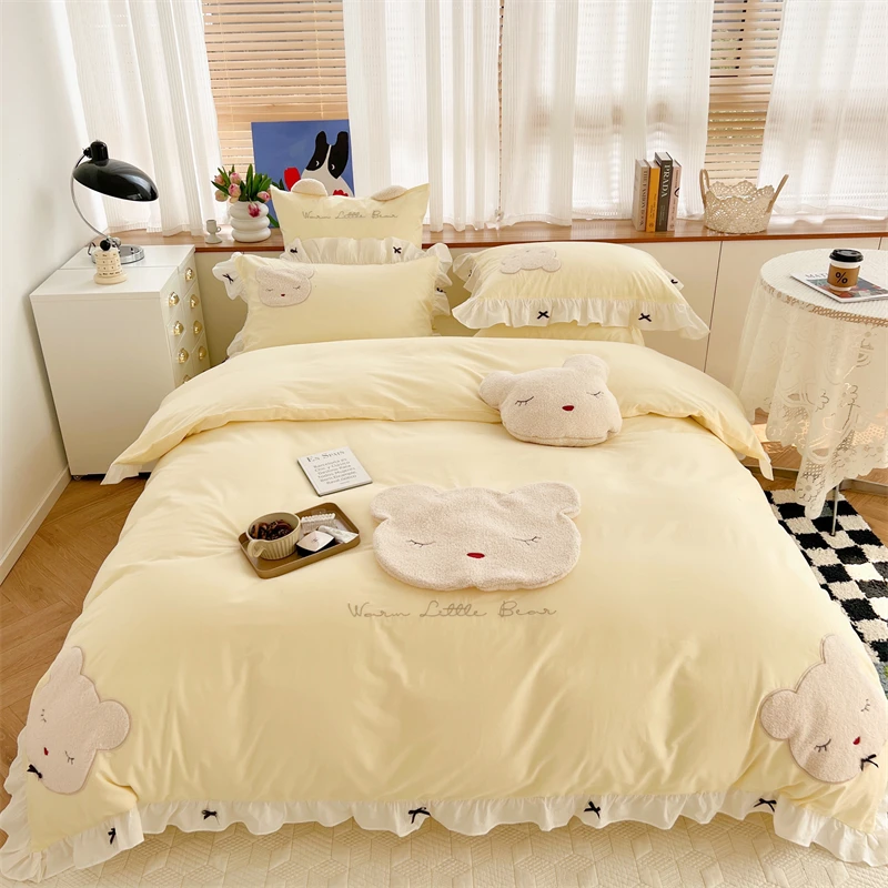 

Cute Cartoon Bear Towel Embroidery 40S Washed Cotton Child Bedding Set Quilt Cover Bed Comforter Set Bed Linen Pillow Shams