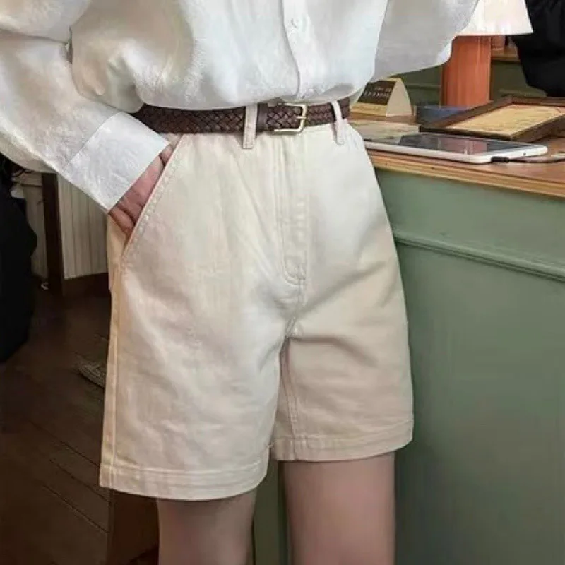 Summer Apricot High Waist Shorts for Women Casual Fashion Korean Loose Versatile Double Pockets Solid Short Pants 2023 New Style