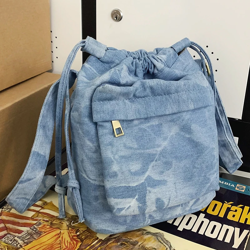 

Female Pleated Bucket Crossbody Bag Aesthetic Tie-dye Women's Drawstring Handbags Medium Denim Light Blue Lovers' Shoulder Bags