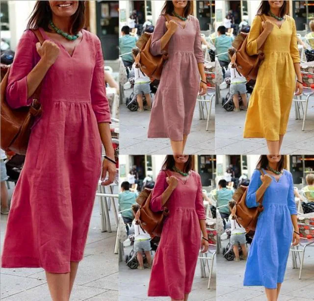 

2023 Spring New Women's Dress Cotton and Linen Solid Color Loose Large Size Mid-sleeve Dress Summer Dress