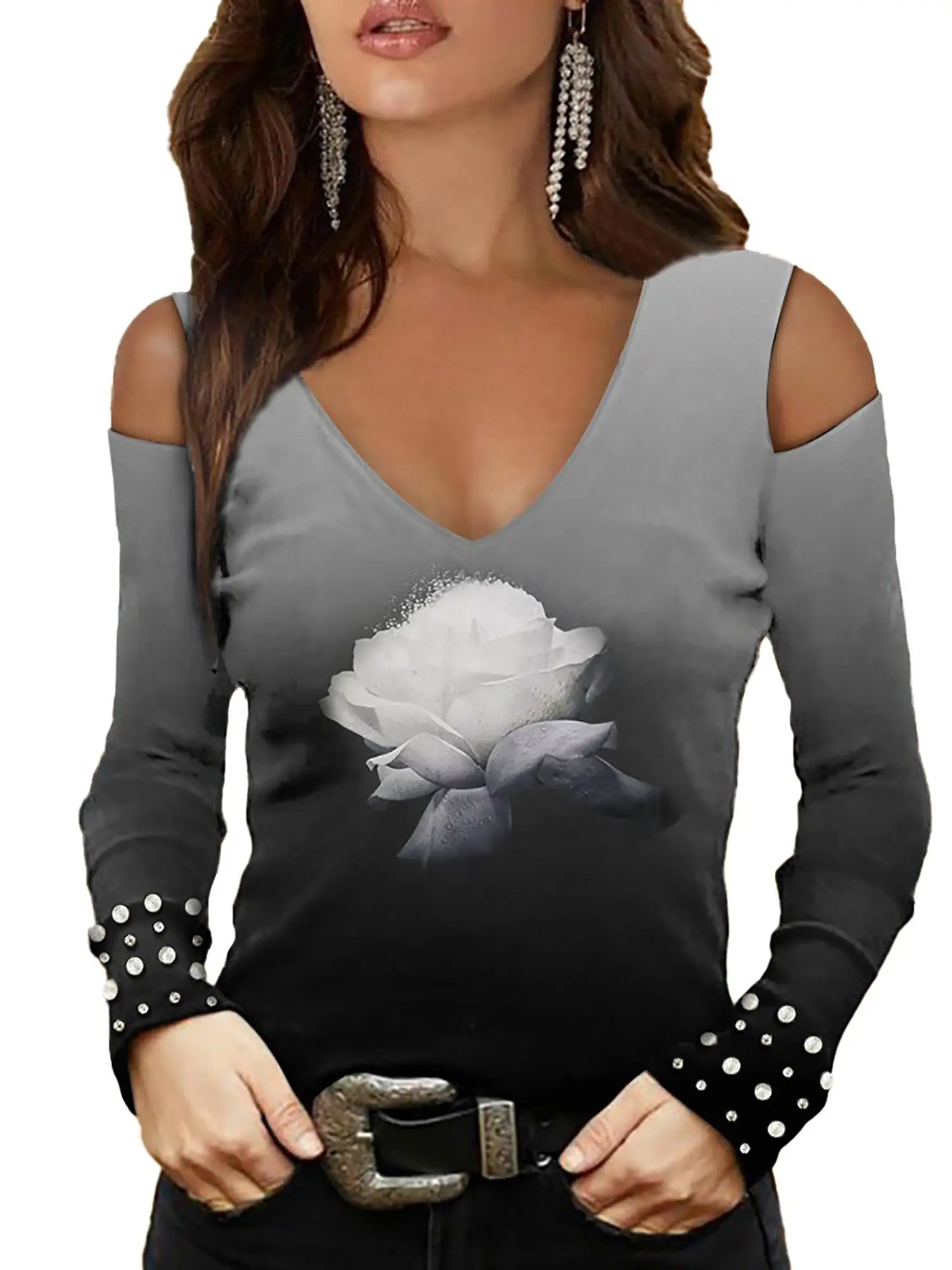 

Женская футболка с длинным рукавом, V-образным вырезом и вышивкой бисером