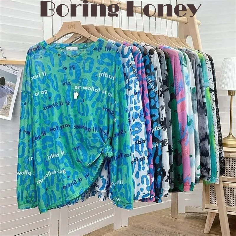 

Boring Honey Letter Grenadine Long Sleeves Women's T Shirts Loose And Comfortable Tops Women Round Collar Fashion Women Blouses