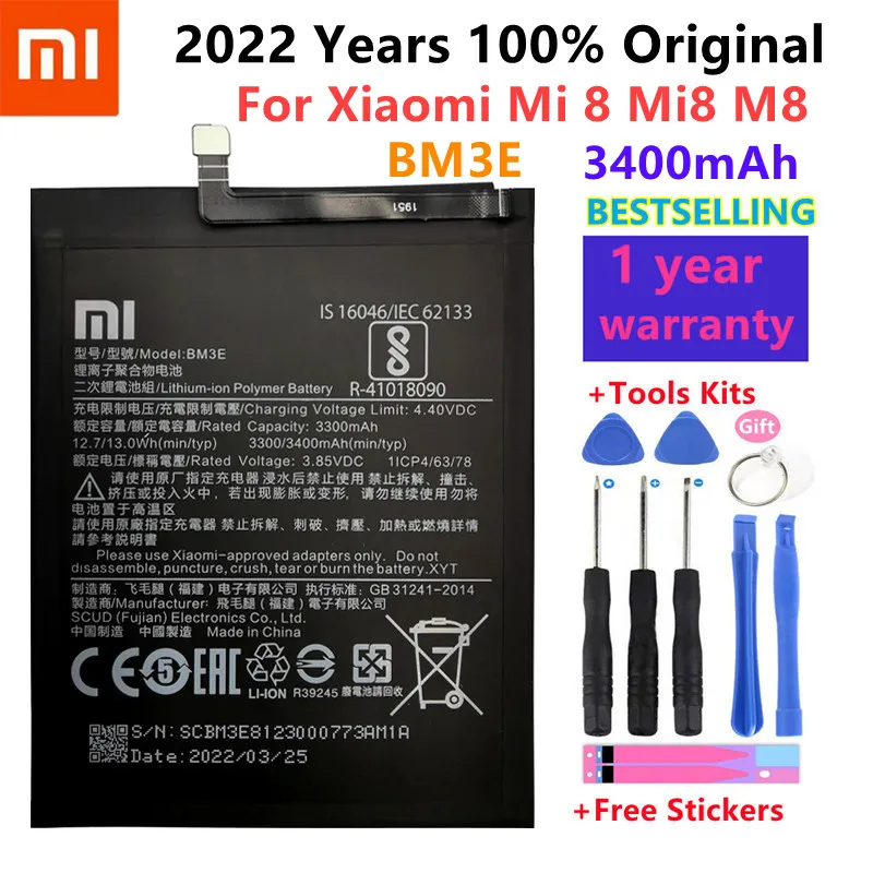 

2022 год, 100% оригинальный аккумулятор для телефона BM3E для Xiaomi Mi 8 Mi8 M8, 3400 мАч, Высококачественная сменная батарея