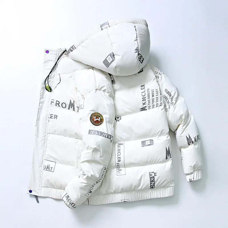 Men's Winter 90% White Duck Down Down Jacket Men's Casual Loose Bright Printed Down Jacket Outdoor Waterproof Hooded Jacket