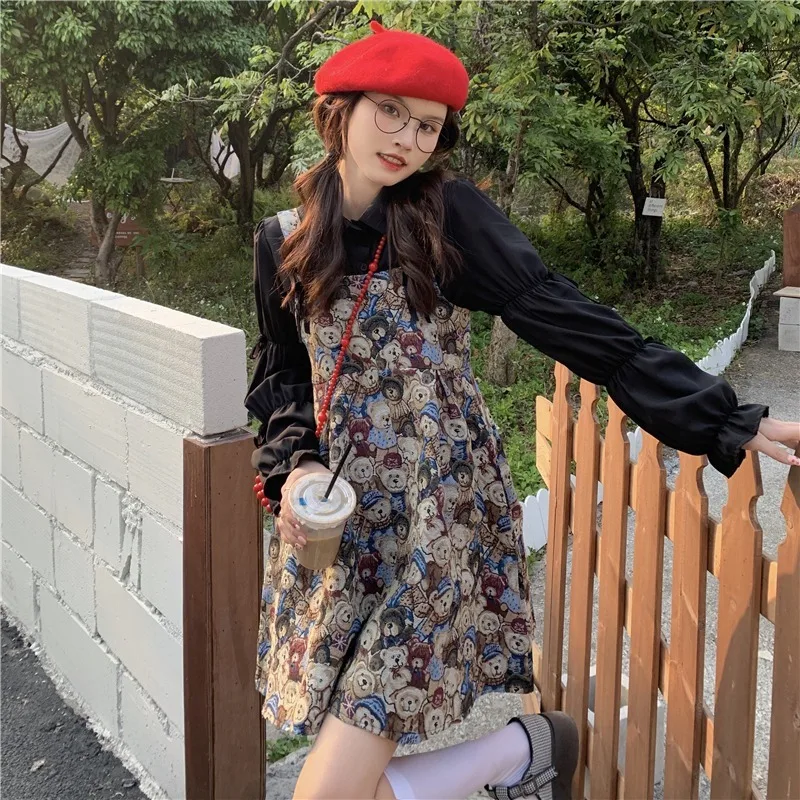 E GIRLS  Women Cute Graffiti Printed Vest Dress 2022 Spring Summer New Japanese Style Retro Sweet Bow Long sleeved White Shirt