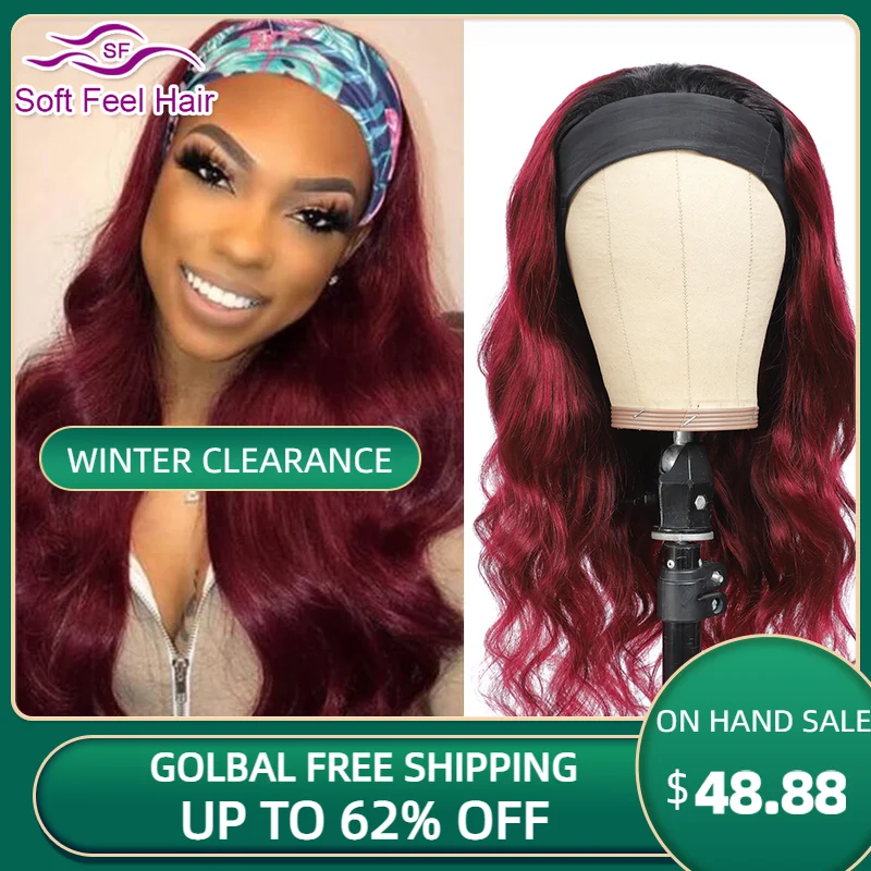 Glueless Body Wave Headband Wigs Human Hair 200% Density Brazilian Human Hair Wig Burgundy Color for Black Women Remy Hair Cheap