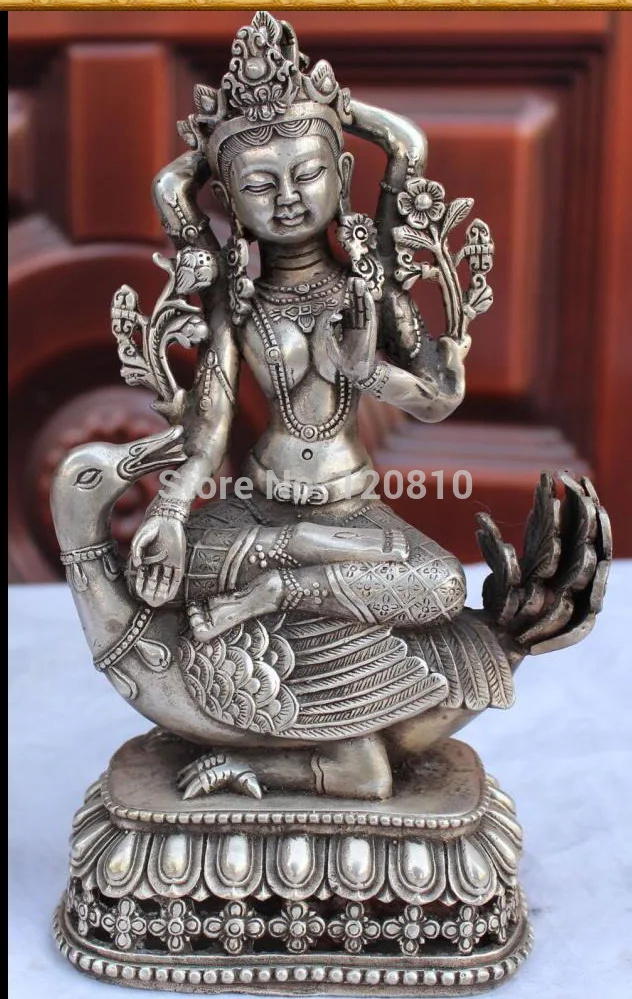 

Chinese Buddhism Silver Kwan-Yin Ride Phoenix Peacock Manjushri Buddha Statue