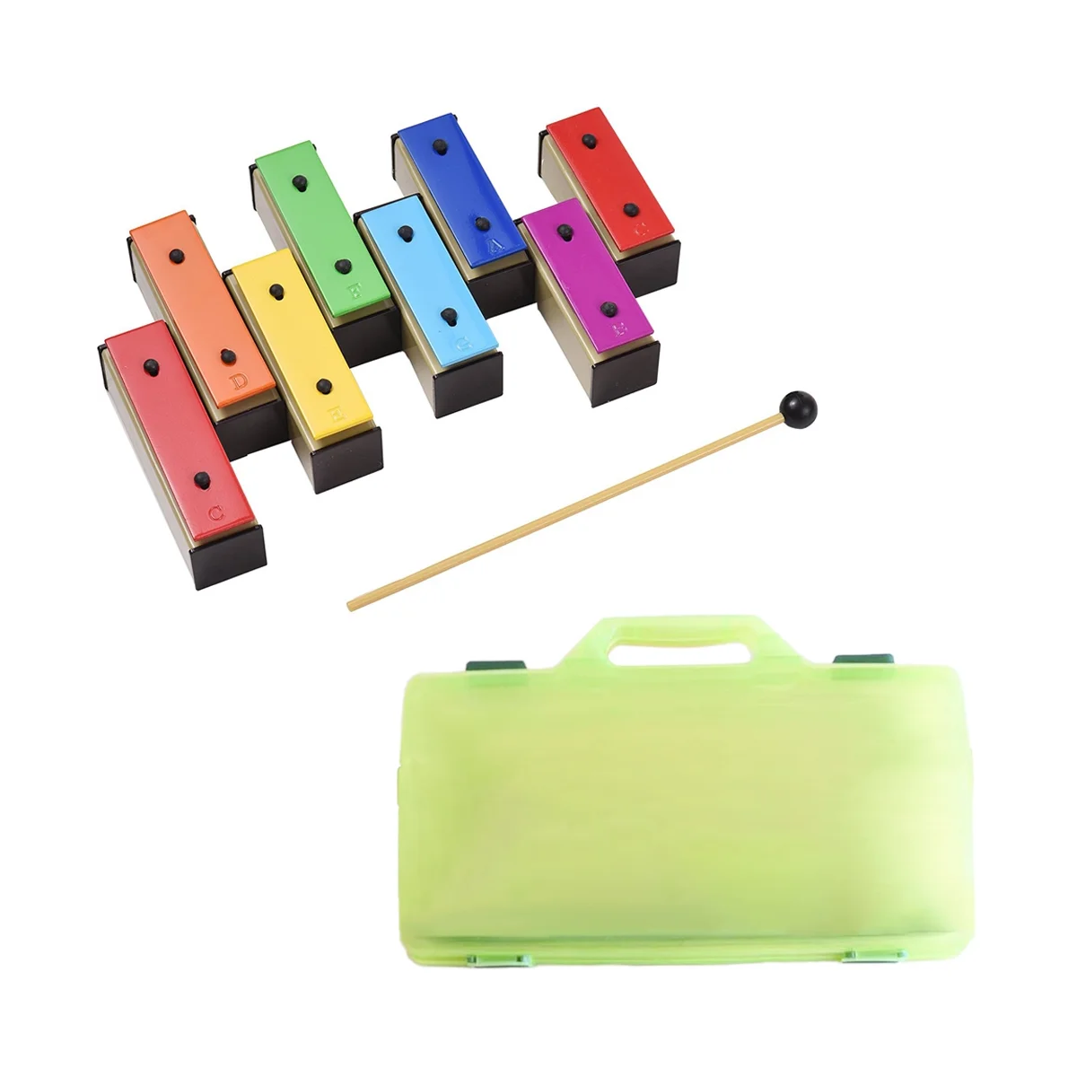 

8-Note Xylophone Colorful Glockenspiel Removable Rainbow Color Metal Plates Resonator with Plastic Mallets Green Case
