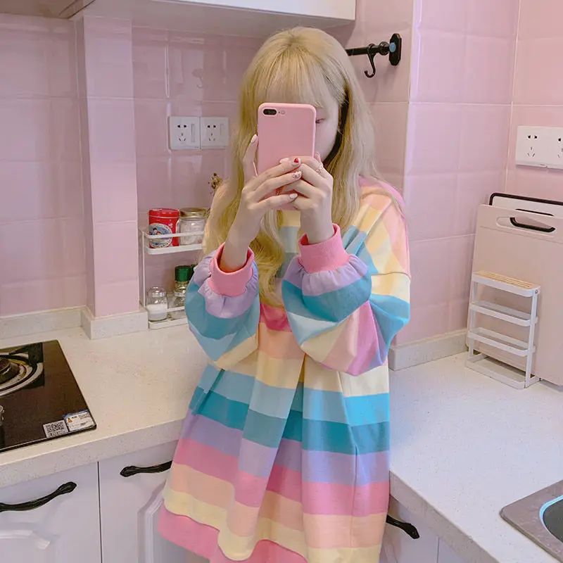 

Women's Oversized Harajuku Hoodie Long Sleeve Top Womens Clothing 2021 Korea Rainbow Stripe Fashion Spring Women's Sweatshirt