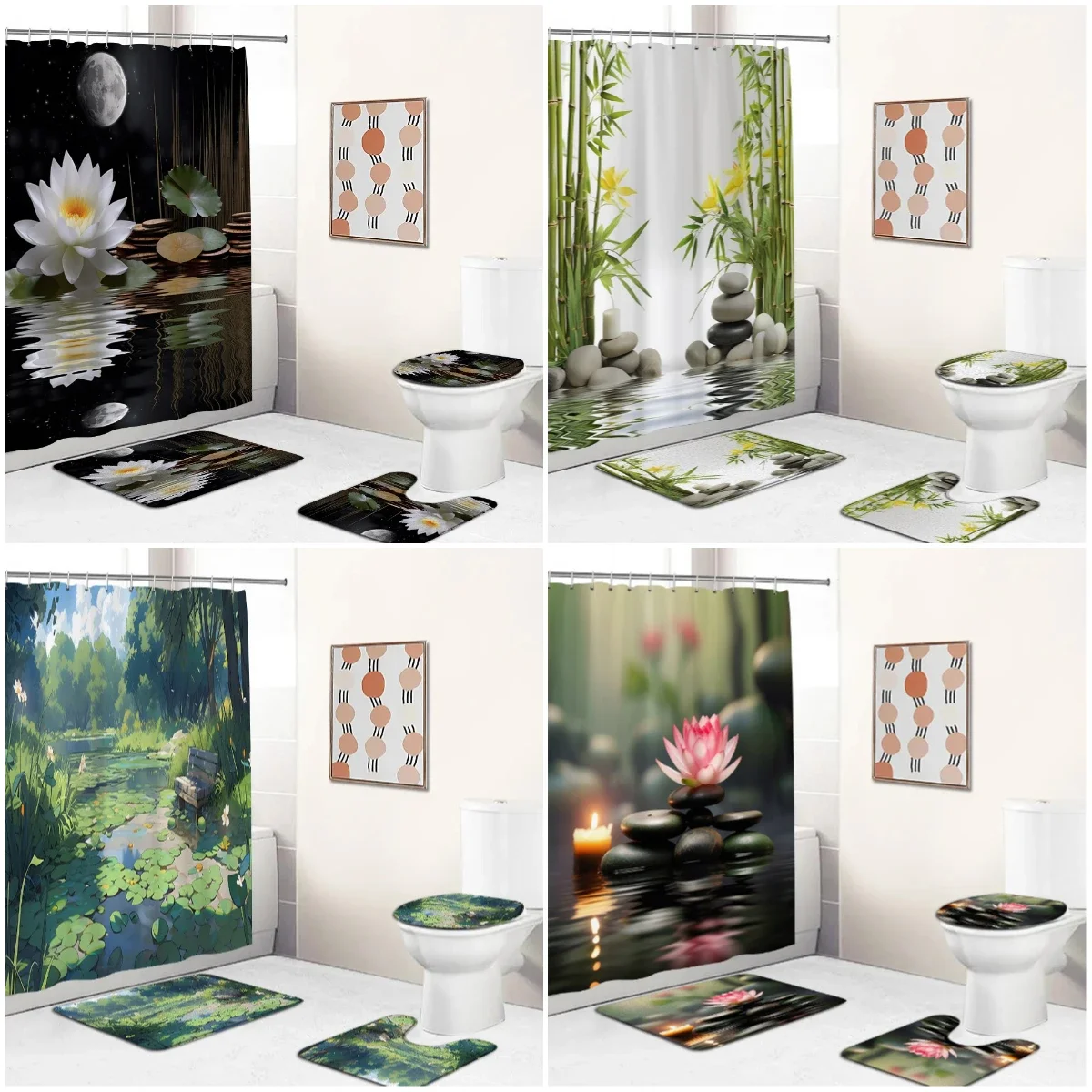 Занавески для душа Lotus Zen с бамбуковыми камнями мультяшный Лотос озеро ландшафт