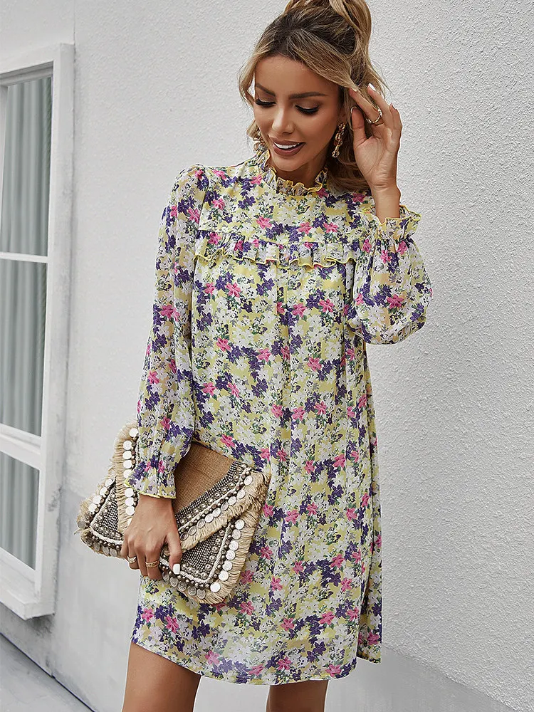 

Spring Summer Loose Floral Short Dress For Women 2022 New Casual Ruffles Half High Collar Ladies A Line Oversize Print Dress