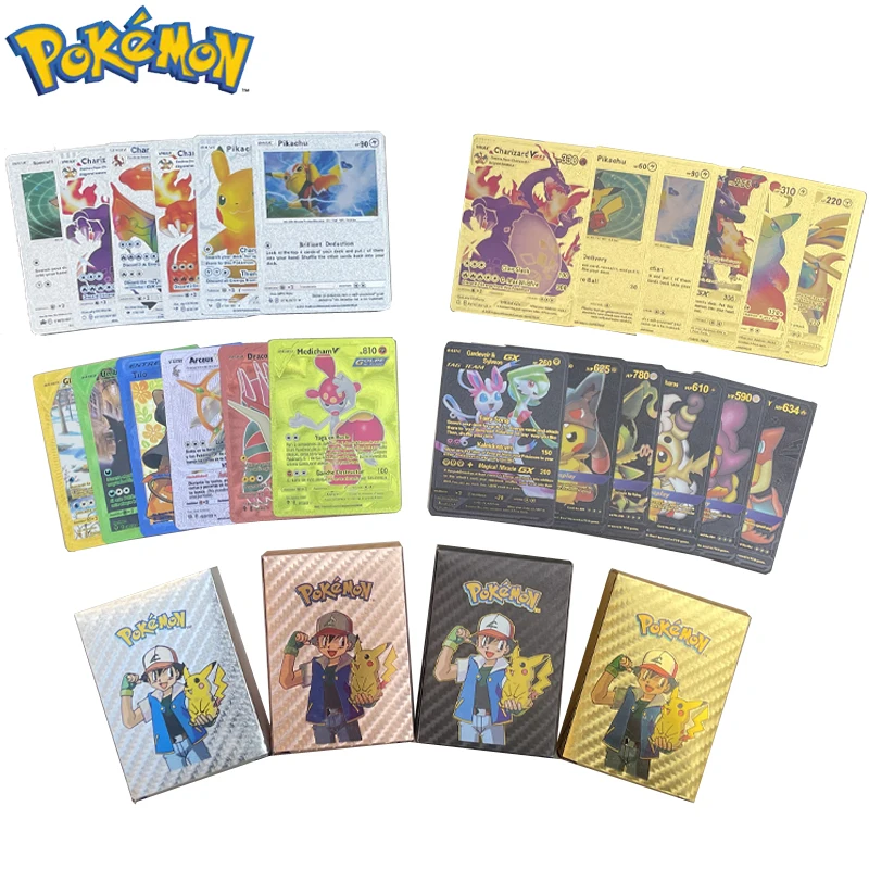 

2023 New Pokemon Pikachu Charizard Mewtwo Color Black Silver Gold Collection Gold Foil Card Kid Gift Toy Game Collection Card