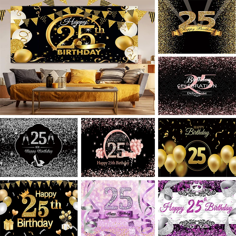 

25th Happy Birthday Party Backdrop Decoration Cheers to 25 Years Old Anniversary Banner Gold Glitter Photography Background Prop
