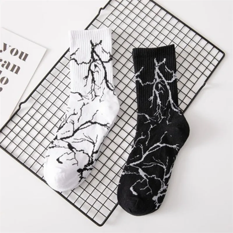 

LONCENXIS Men's Cotton Sock Black White Lightning Patterned Street Style Happy Man Hip Hop Sock