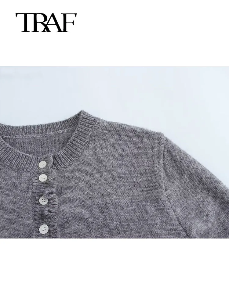 TRAF женский серый вязаный кардиган с рюшами верхняя одежда новый осенний свитер