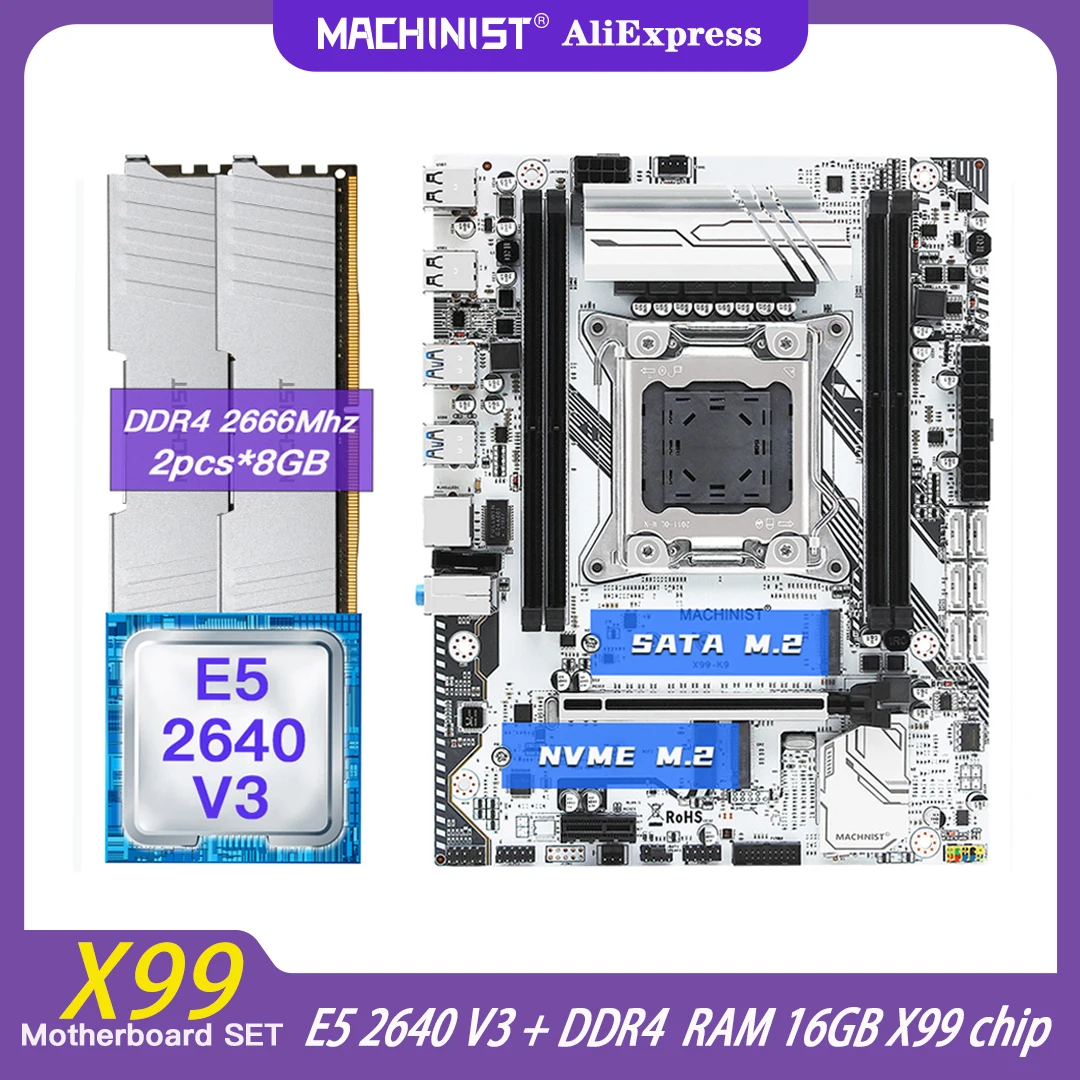 Machinist X99 Motherboard Set Kit Intel Xeon E5 2640 V3 Cpu Processor 16G(2*8) DDR4 Desktop Memory Sata M.2 Four Channe X99-K9