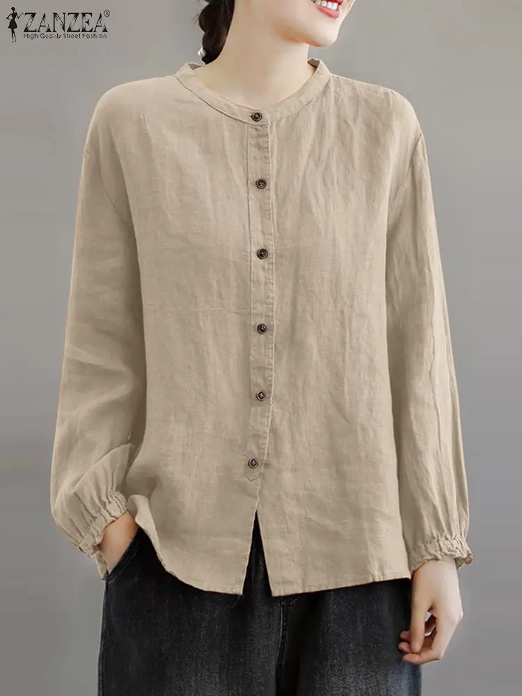 

Autumn Vintage Solid Cotton Tops ZANZEA Women Casual Blouse Female Work Party Blusas Loose Button Tunic O Neck Long Sleeve Shirt