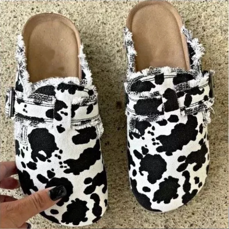 

Women's Canvas Mule Clogs Closed Toe Cork Footbed Slide Slippers Ladies Fashion Print Trimmed Fringe Birken Sandals