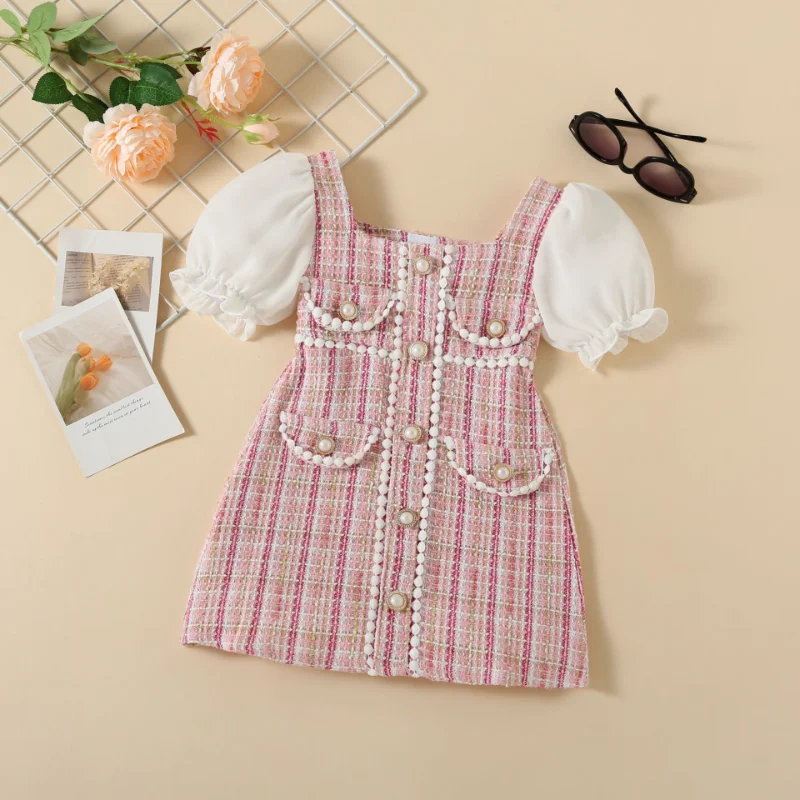 Korean Style Children Tweed Plaid Princess Dresses for Girls Elegant Puff Sleeve Girl Dress with Beading Casual Clothes GY02201