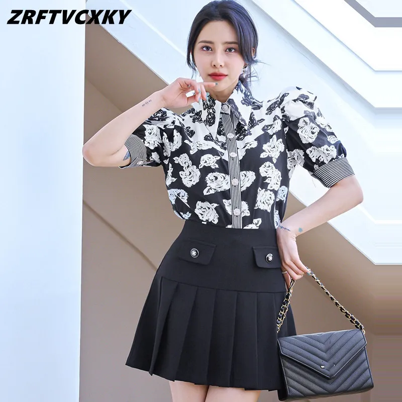 

Женский комплект из двух предметов, элегантный лоскутный топ с принтом и отложным воротником и модная плиссированная мини-юбка с высокой талией, лето