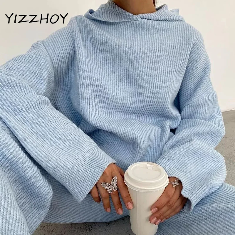 

YIZZHOY Spring New Knitted Sweat Suits Women Matching Sets Long Sleeve Hoodie Wide-legged Pants Sweater Set Two Piece Outfits