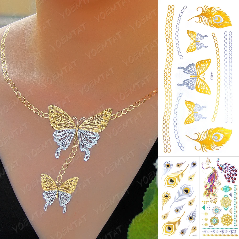 

Waterproof Temporary Tattoo Sticker Gold Silver Metallic Flash Tatoo Boho Butterfly Necklace Glitter Henna Bracelet Peacock Feat