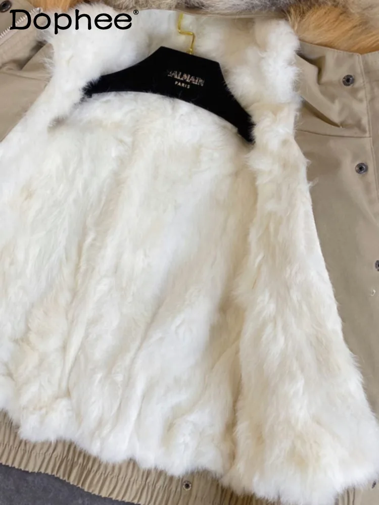 2022 Balck Winter Women New Fur Collar Liner Real Rabbit Hair Multi Pocket Short Jacket Cotton Hooded Casual Coat enlarge