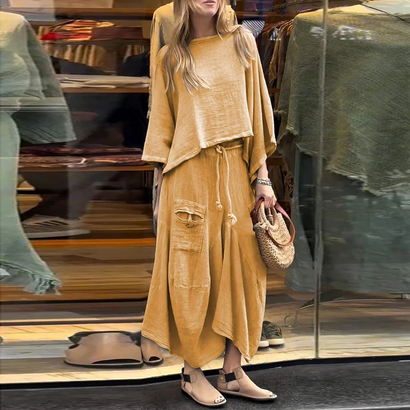 Женский Повседневный комплект из 2 предметов однотонный хлопково-льняной топ с