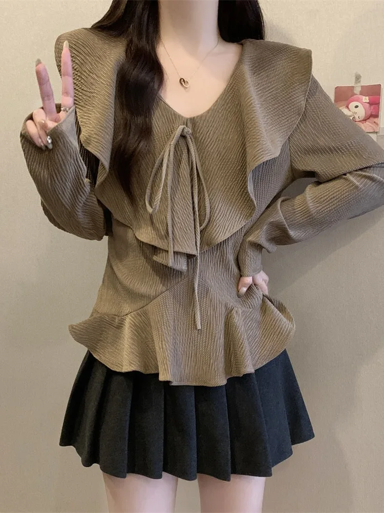 Plus size women clothing French sle Frill V-neck Shirts Spring and Autumn 2024 Chubby Girl Waist Hugging Slimming Chic Euro... |