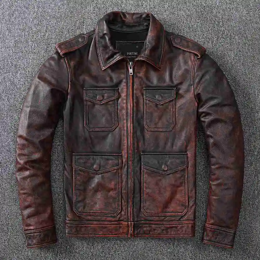 

Free shipping.men Vintage brown hunting leather jacket.2021 brand new cowhide clothes.asian size leather pockets garment