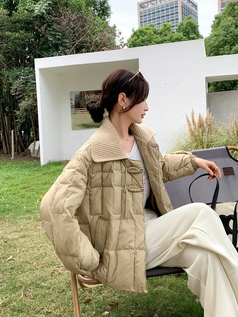 Knit Large Lapel Short Down Jacket Women's Winter Vintage Cotton Jacket Double Button Thick Warm White Eiderdown Jacket