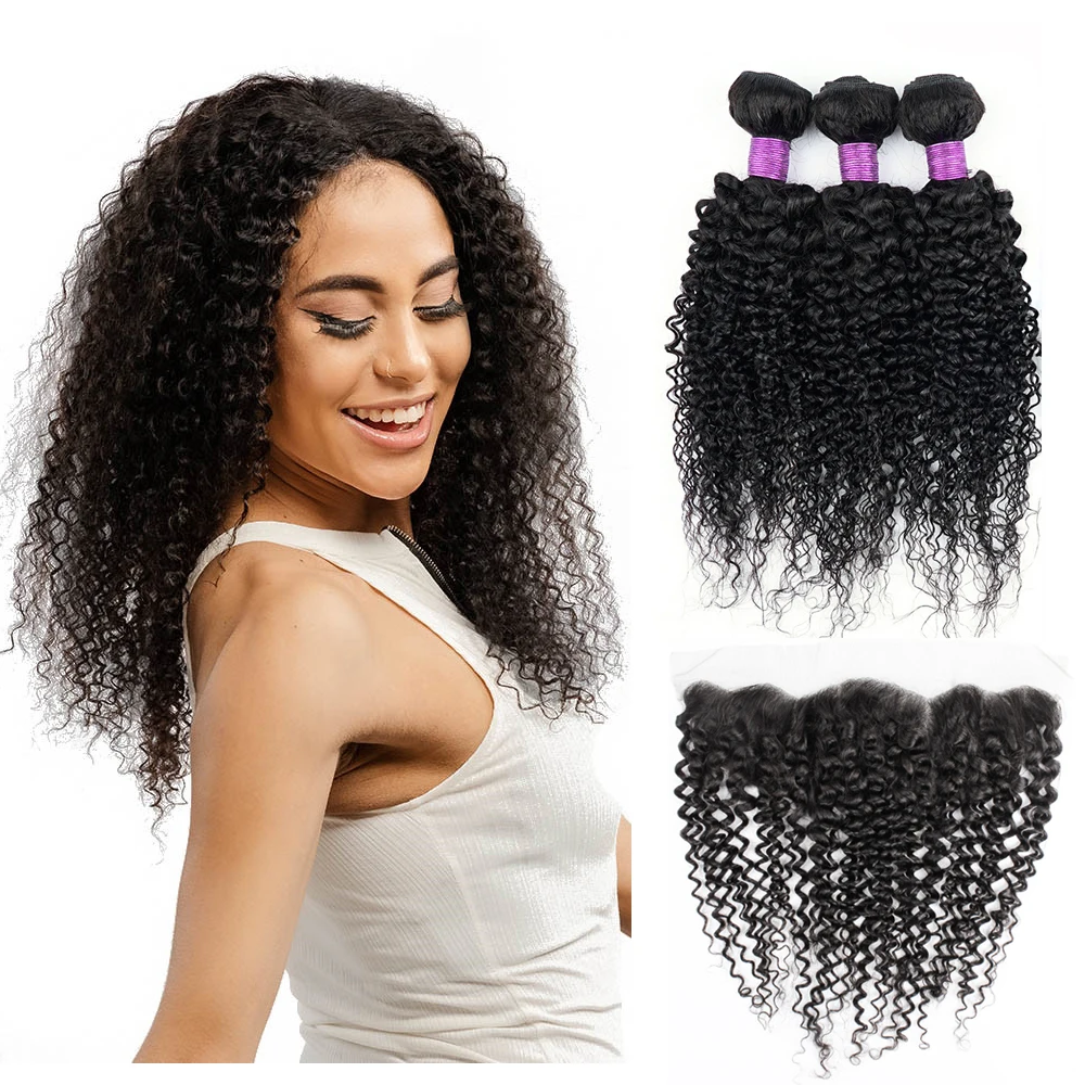 Jerry Curly Bundles with Frontal Transparent Lace 13x4 Closure 60g/pc Remy Human Hair Natural Black Hair Weave Bobbi