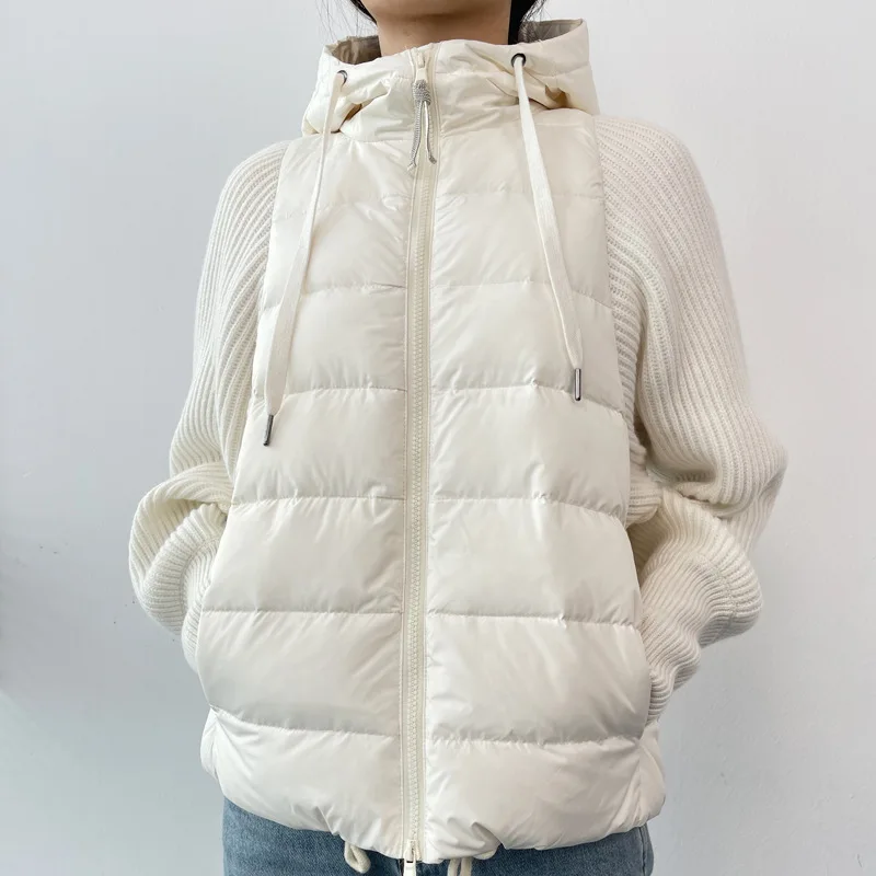 Down Jacket Short Hooded Winter Ladies 90 White Goose Coat Jackets Noble Gesture Splicing White Black Zipper Drawstring Women